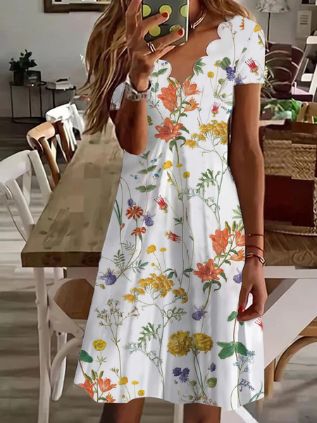 Loose Floral V Neck Casual Dress, White, Casual Dresses