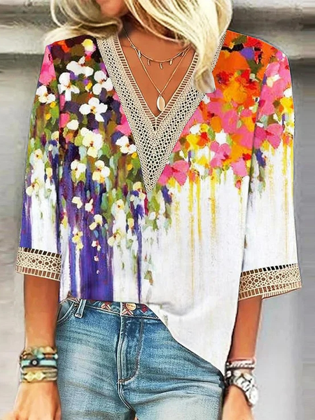 

V Neck Lace Loose Casual Floral Shirt, White, Shirts & Blouses