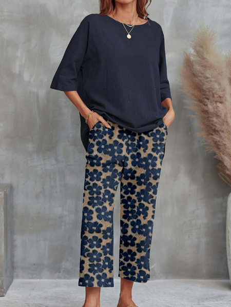 

Casual Crew Neck Two-Piece Set, Blue, Suit Set