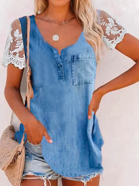 

Lace Casual Loose Plain Shirt, Blue, Shirts & Blouses