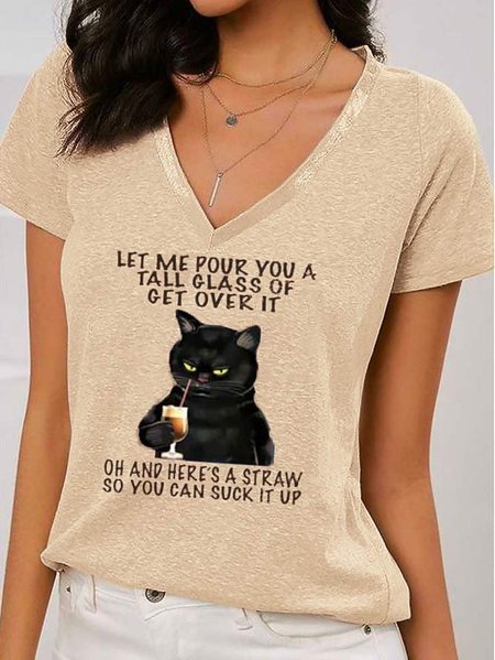 

Jersey V Neck Casual T-Shirt, Pink, T-Shirts