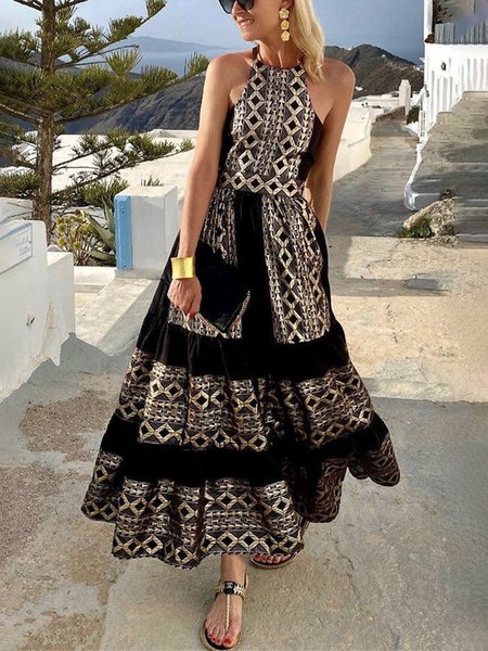 

Vacation Regular Fit Halter Ethnic Geometry Dress With No, Black, Maxi Dresses