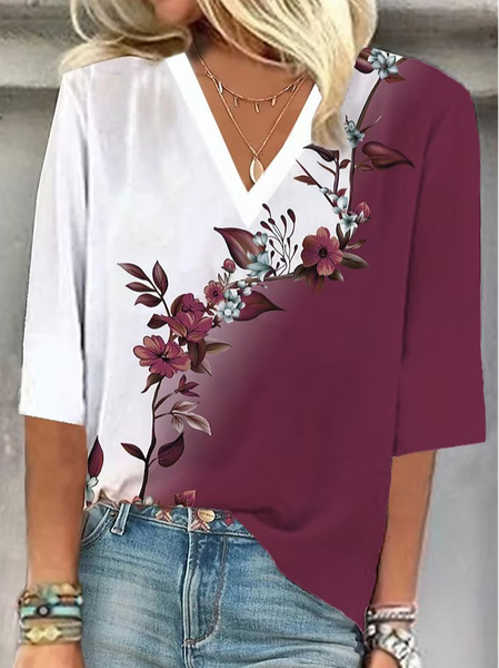 

V Neck Casual Loose Floral Shirt, Red, Shirts & Blouses
