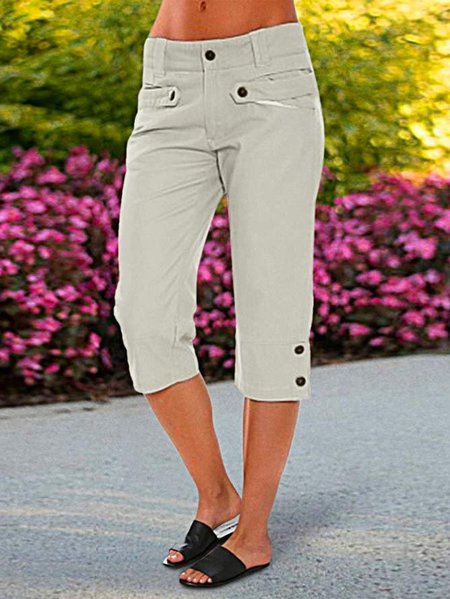 

Buttoned Casual Loose Plain Button Detail Low Waist Capris Pants, Gray-brown, Pants