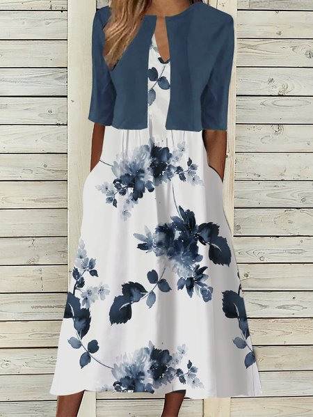 

V Neck Loose Casual Two-Piece Set, White-blue, Suit Set