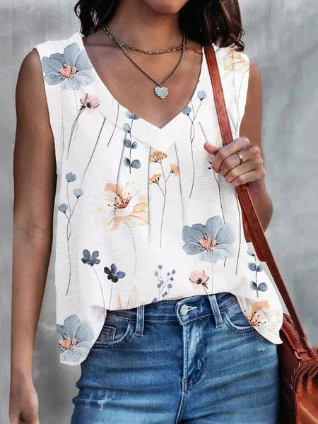 

Knitted Loose Casual V Neck Floral Tank Top, White, Tanks & Camis