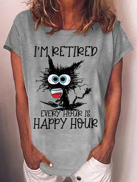 

Women's I'm Retired Funny Letters Grumpy Cat Casual T-Shirt, Gray, T-shirts