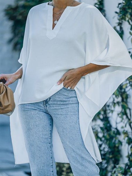 

Loose Casual V Neck No Elasticity Shirt, White, Blouses and Shirts