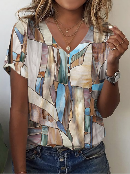 

Casual Abstract Graphic V Neck Shirt, Brown, Shirts & Blouses