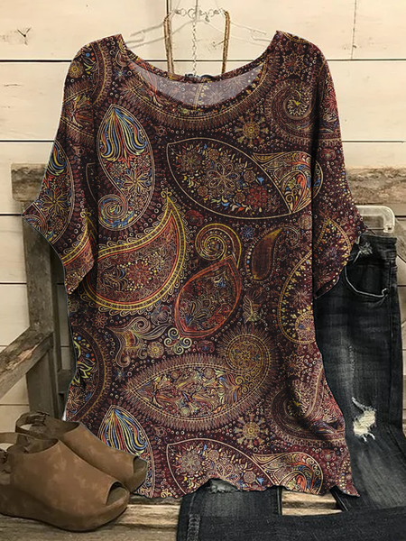 

Cotton-Blend Ethnic Boho Shirt, Brown, Shirts & Blouses