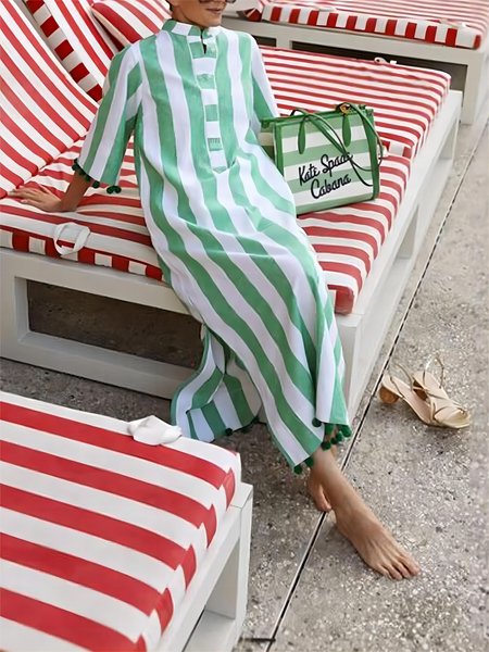 

Loose Crew Neck Color Block Casual Dress, As picture, Maxi Dresses