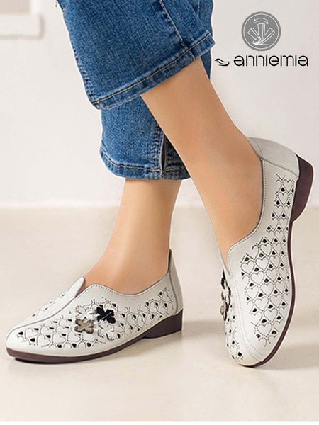 

Retro Hollow High Elastic Soft Granny Shoes, White, Flats