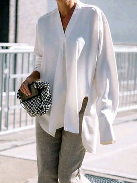 

Loose Plain V Neck Casual No Elasticity Shirt, White, Blouses and Shirts