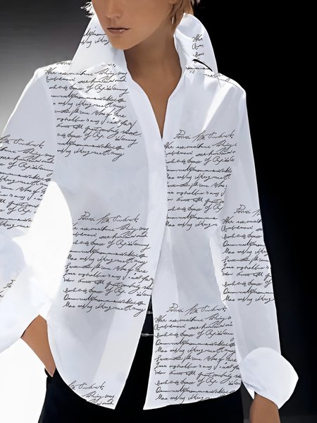

Regular Fit Shirt Collar Letter Pattern Urban Blouse, White, Blouses and Shirts