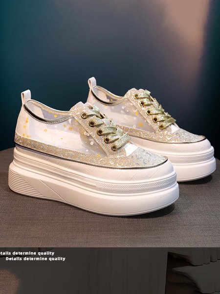 

Lace Beaded Rhinestone Slip On Casual Shoes, Golden, Sneakers