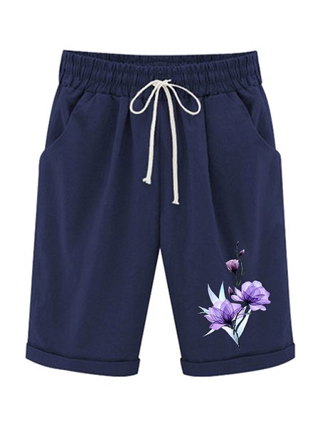 

Women‘s Floral Knee Length Bermuda Shorts Plus Size Casual Summer Loose Fit Long Shorts Elastic Waist Shorts with Pockets, Navyblue, Shorts