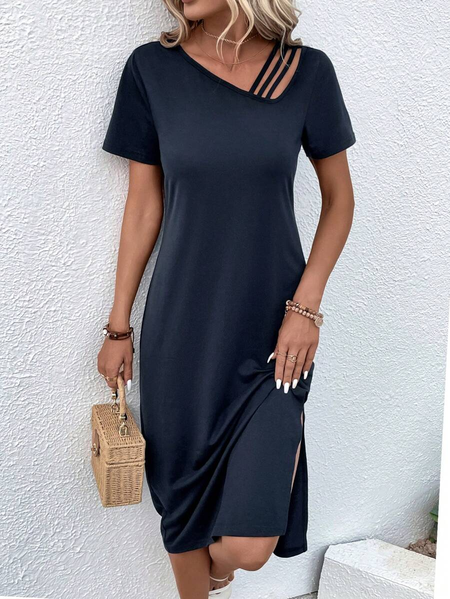 

Casual Plain Asymmetrical Jersey Dress With No, Purplish blue, Dresses