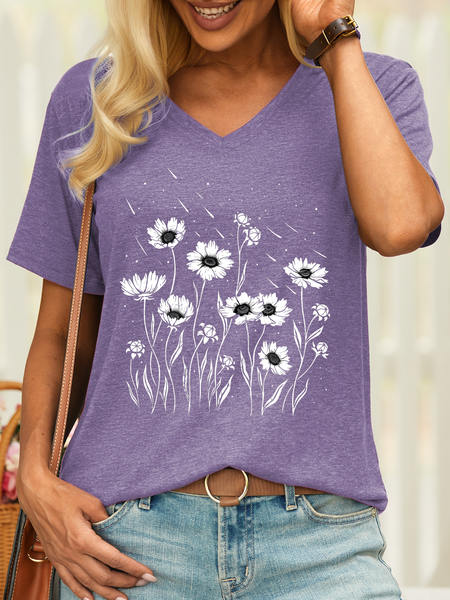 

Women’s Flower Meteor Shower Cotton Casual V Neck T-Shirt, Purple, T-shirts