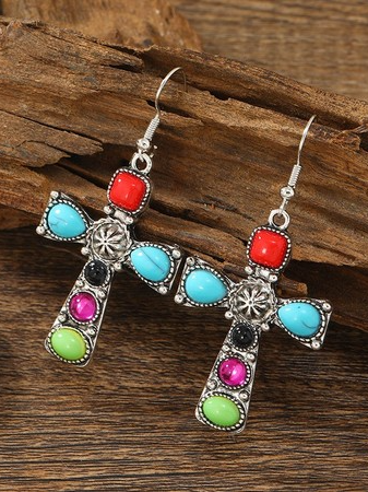 

Ethnic Cross Turquoise Earrings Vacation Women's Jewelry, As picture, Earrings