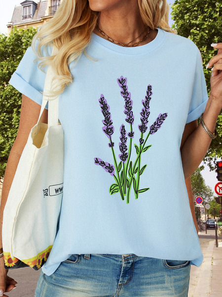 

Women’s Lavender Floral Semi-abstract Line Drawing Cotton Casual T-Shirt, Light blue, T-shirts
