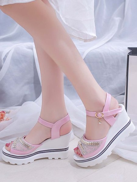 

Mesh Rhinestone Platform Wedge Sandals, Pink, Sandals
