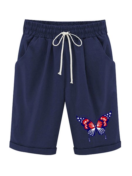 

Women‘s Butterfly Independence Day Knee Length Bermuda Shorts Plus Size Casual Summer Loose Fit Long Shorts Elastic Waist Shorts with Pockets, Navyblue, Shorts
