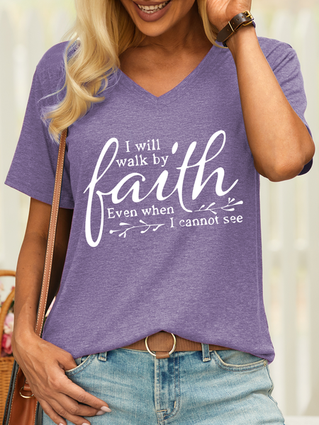 

Women’s I Will Walk By Faith Even When I Cannot See Cotton V Neck Casual T-Shirt, Purple, T-shirts