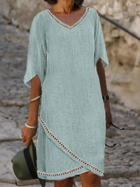 

V Neck Lace Casual Regular Fit Dress, Green, Dresses