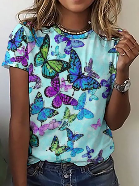 

Women's Casual Crew Neck Butterfly Print T-Shirt, Light blue, T-shirts
