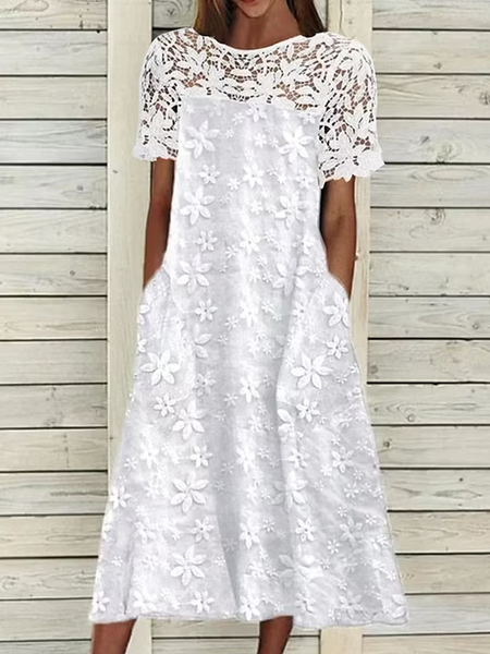 

Cotton-Blend Linen Floral Dress, White, Midi