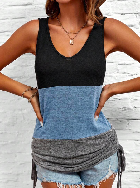 

Casual Loose Colorblock Drawstring Side Tank Top, Denim blue, Tanks & Camis