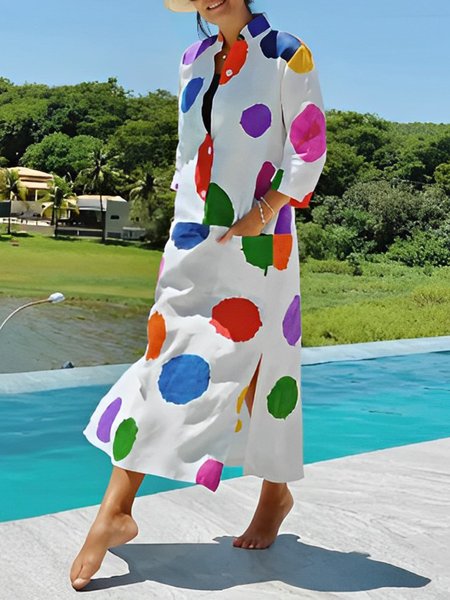 

Vacation Regular Fit Stand Collar Polka Dots Maxi Dress With No Belt, Multicolor, Maxi Dresses