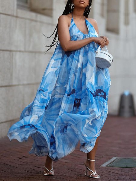 

V Neck Floral Vacation Loose Dress, Blue, Maxi Dresses