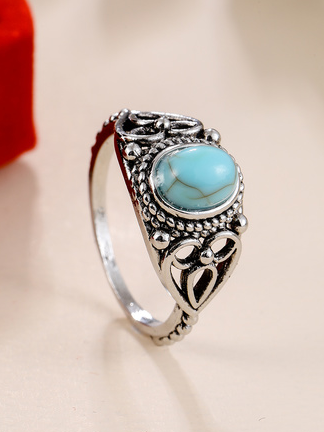 

Vintage Silver Metal Ethnic Pattern Turquoise Ring Women's Jewelry, Green, Rings