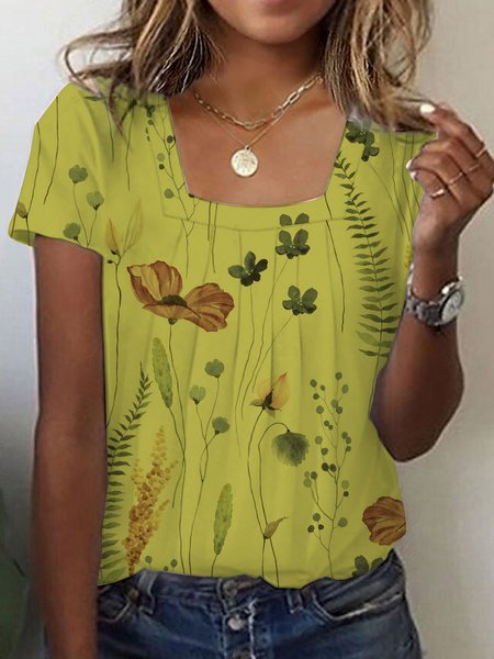 Casual Loose Floral T-Shirt, Yellow, T-Shirts