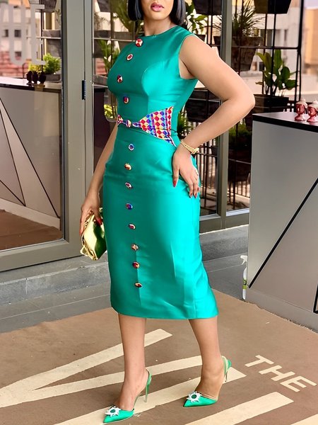 

Crew Neck Elegant Midi Dress With No Belt, Green, Midi Dresses