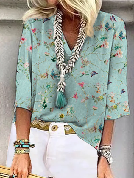 

Loose Floral Casual Blouse, Green, Blouses