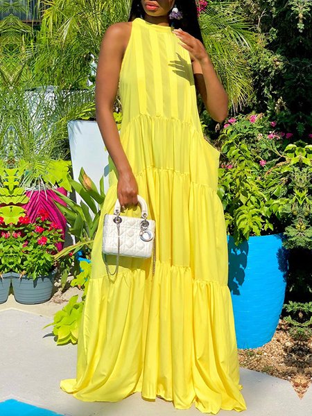 

Loose Halter Plain Vacation Sleeveless Dress, Yellow, Maxi Dresses