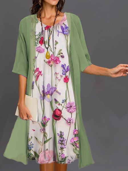 

Crew Neck Loose Casual Floral Two-Piece Set, Green, Dresses