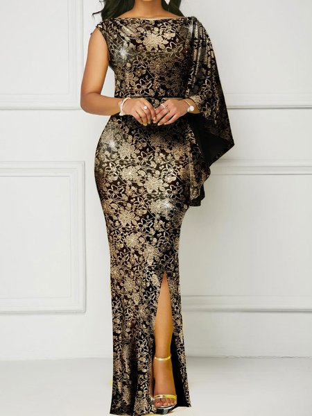 

Regular Fit Elegant Floral One Shoulder Party Dress, Gold, Maxi Dresses