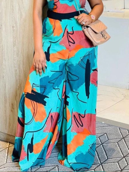 

Urban Loose Abstract Print Fashion Wide leg Pants, Blue, Pants