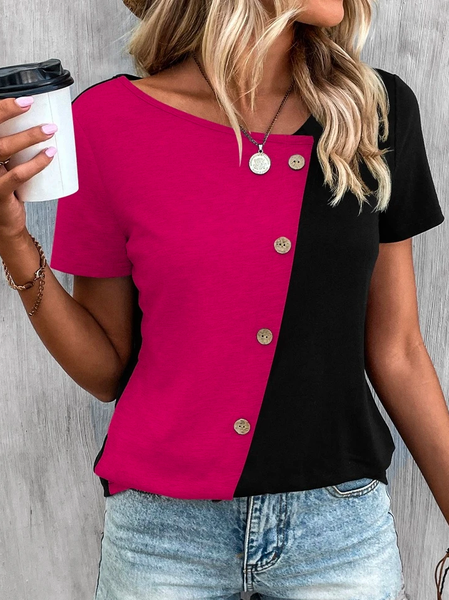 

Casual V Neck Two Tone Button Front Color Block T-Shirt, Rose red, T-Shirts