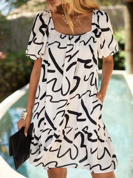 

Geometric Loose Square Neck Casual Dress, Apricot, Dresses