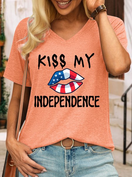 

Lilicloth X Kat8lyst Kiss My Independence Women's V Neck Casual T-Shirt, Orange, T-shirts