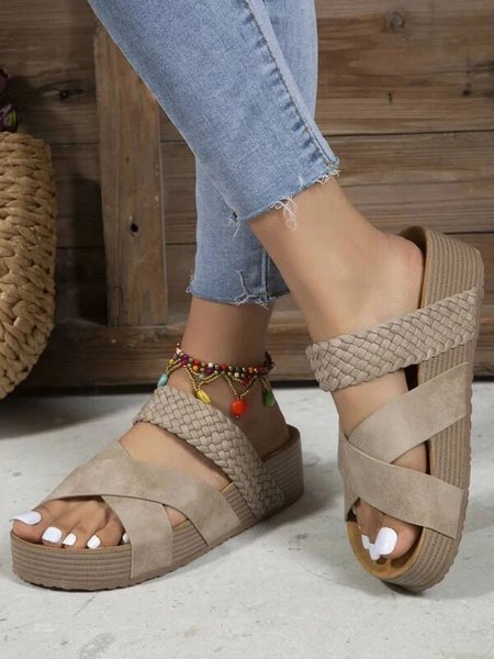 

Vintage Braided Strap Platform Slide Sandals, Khaki, Sandals