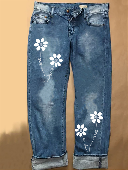 

Women's Floral Loose Casual Jeans, Blue, Jeans