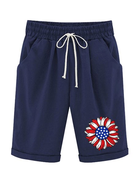 

Women‘s Sunflower Independence Day Knee Length Bermuda Shorts Plus Size Casual Summer Loose Fit Long Shorts Elastic Waist Shorts with Pockets, Navyblue, Shorts