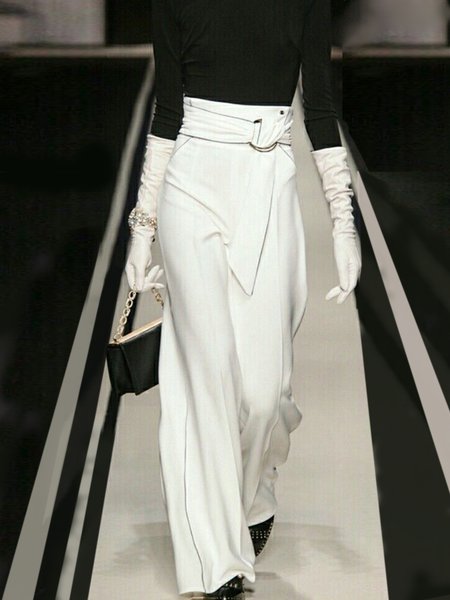 Plain Elegant Loose Fashion No Elasticity Pants, White, Pants