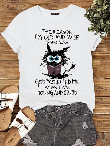 Womens Funny Christian Grumpy Cat Casual Crew Neck T-Shirt, White, T-shirts