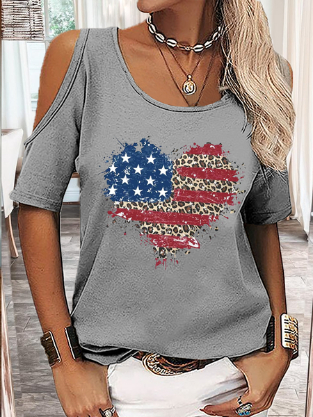 

Women's America Flag Solid Drop Shoulder Crew Neck Casual T-Shirt, Gray, T-shirts